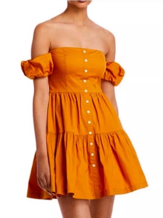STAUD Dresses & Skirts - STAUD Women’s Elio Off-Shoulder Orange Button Babydoll Ruffle Mini Sun Dress 4